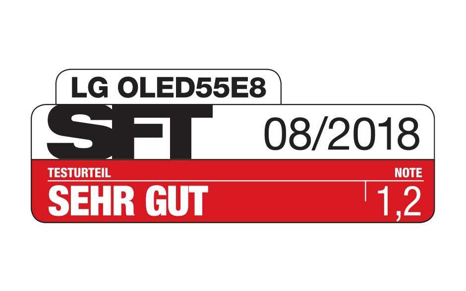 SFT Auszeichnung des LG 55 E8 OLED TVs mit der Note sehr gut und einem Durchschnitt von 1,2