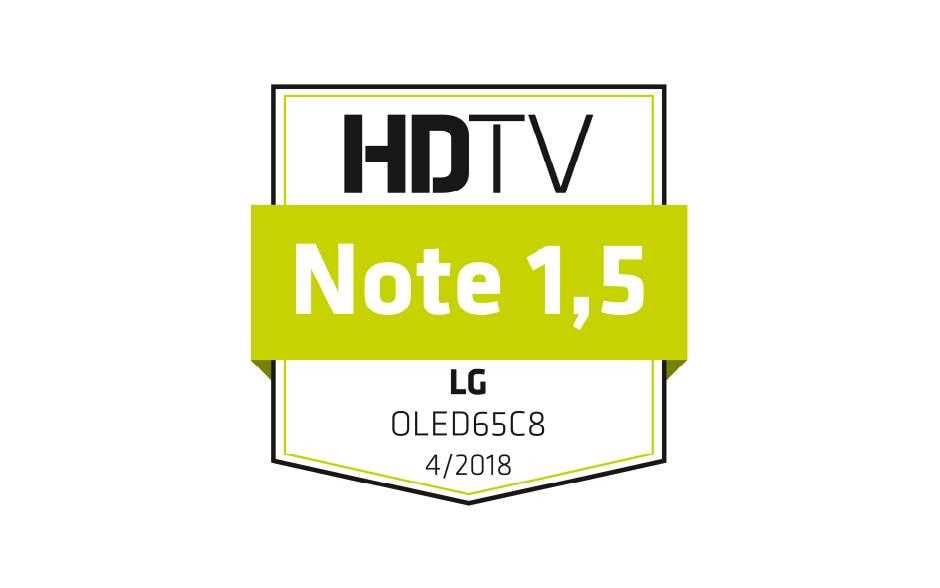 alt="HDTV Auszeichnung des LG 65 C8 OLED TVs mit der Note 1,5"