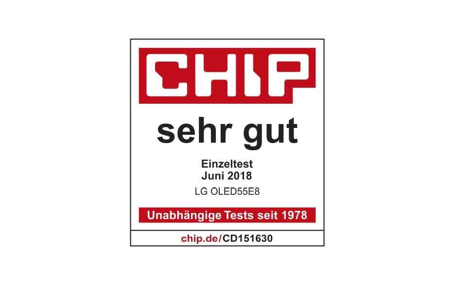 CHIP Auszeichnung des 55 E8 OLED TVs im Einzeltest mit der Note Sehr gut 