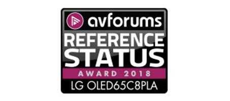 AVforums Review vom LG OLED TV C8, mit Avforums Referenzstatus Award 2018, alles auf weißem Hintergrund.