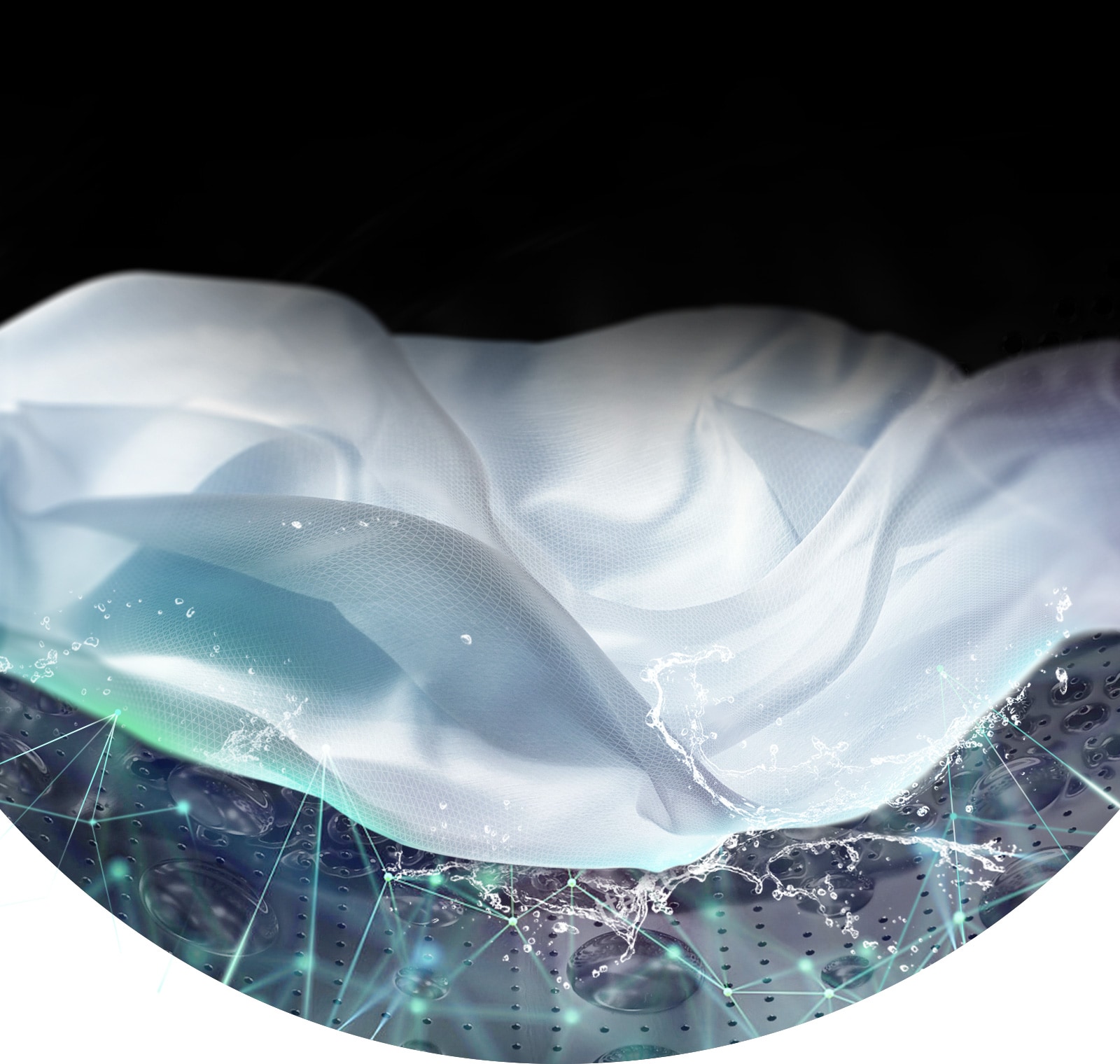 Ein weißes Stück Stoff wird in der Trommel der Frontlader-Waschmaschine gewaschen.