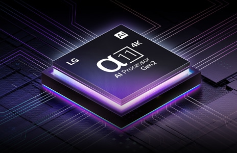 An image of the α11 AI Processor 4K on top of a motherboard, emitting purple and pink bolts of light.