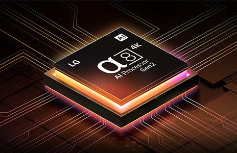 An image of the α8 AI Processor on top of a motherboard, emitting orange and yellow bolts of light.