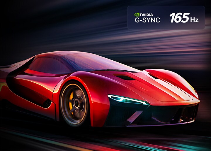 Two images of a car in a video game side-by-side. One shows a lot of motion blur. The other is sharp and in-focus showing the high frame rate of LG OLED TV. Nvidia G-Sync logo and other relevant certifications are visible. 