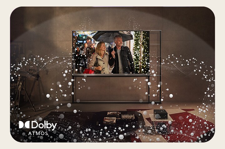 LG OLED TV on a living room wall and abstract circles emitting from the TV and filling the room.