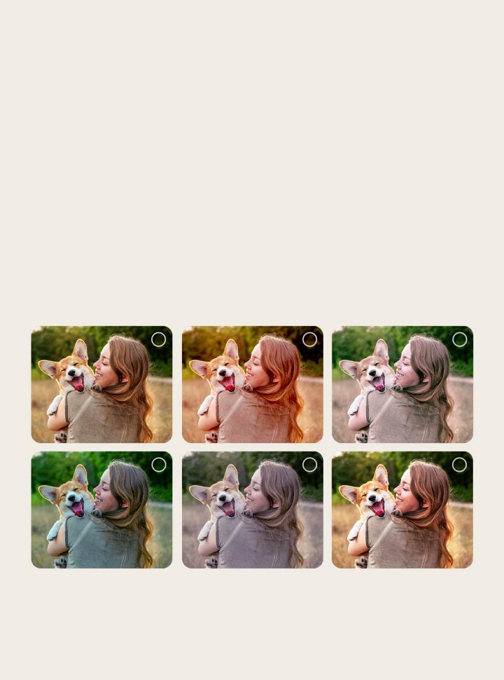 Screen of a user going through the AI Picture Wizard personalization process. Series of pictures are shown with user's selections being highlighted. A loading icon appears and a landscape image is shown being enhanced from left to right. 