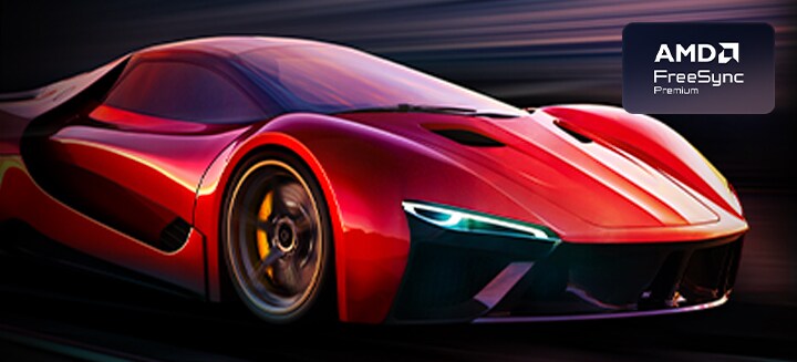 Two images of a car in a video game side-by-side. One shows a lot of motion blur. The other is sharp and in-focus showing the high frame rate of LG OLED TV. Nvidia G-Sync logo and other relevant certifications are visible. 