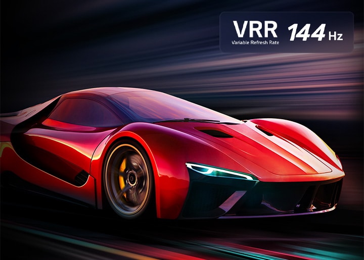 Two images of a car in a video game side-by-side. One shows a lot of motion blur. The other is sharp and in-focus showing the high frame rate of LG OLED TV. Nvidia G-Sync logo and other relevant certifications are visible. 