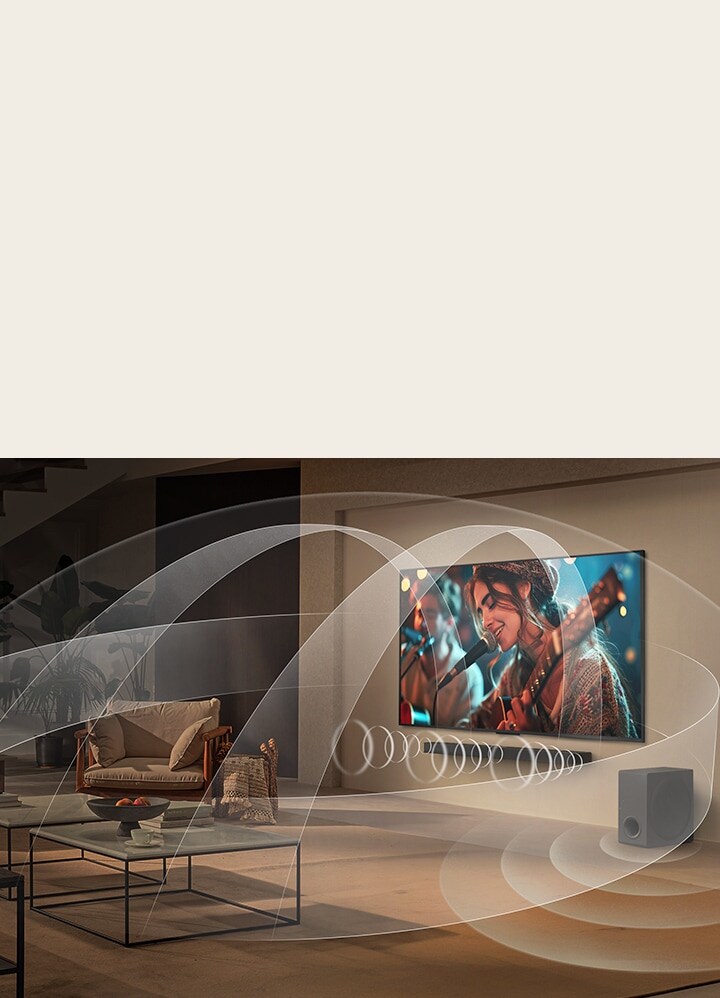 Living room with an LG QNED TV and LG Soundbar with graphics representing how both devices fill the space with multi-surround sound.