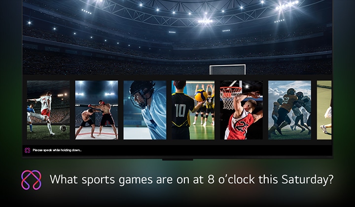 LG OLED TV screen showing how AI Search works. A small chat window is open showing how the user asked for what sports games are available. AI search responded via chat and by showing thumbnails of different available content. There is also a prompt to ask Microsoft Copilot. 