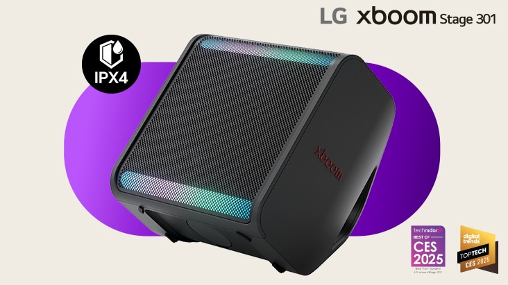 xboom Stage 301 is placed on a purple background with its light on. On the left above side IPX4 logo is placed while at the bottom right tech radar award and digital trends award logos are placed.	