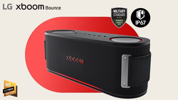 xboom Bounce is placed in a diagonal position in a red background. On the right above Military standard and IP67 logos are placed while on the bottom left Digital trend award logo is placed.	