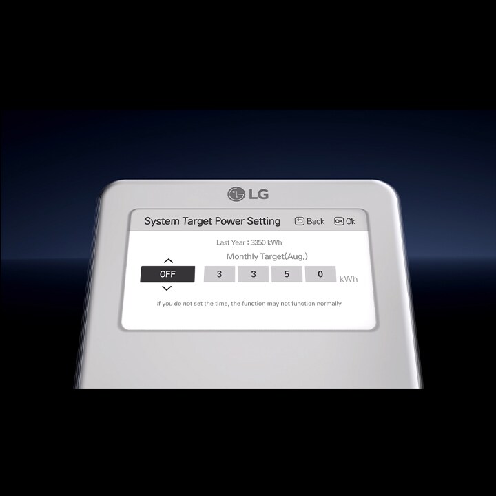 A close-up of the controller focuses on the screen displaying the system's power setting, with a 4-digit target number in kWh.