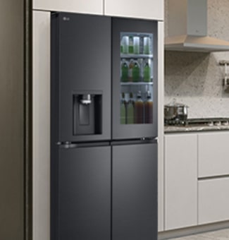 Modern kitchen interior with InstaView fridge.