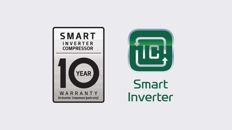 LG Smart Inverter Compressor 10-year warranty badge on left and Smart Inverter logo on right.
