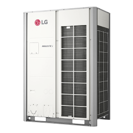 A rectangular LG MULTI V i outdoor unit is displayed, with its right half covered by a 2x2 checkered-pattern ventilation duct.