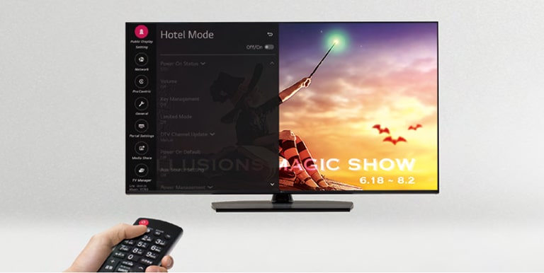 A person is controlling the TV settings with Hotel Mode.