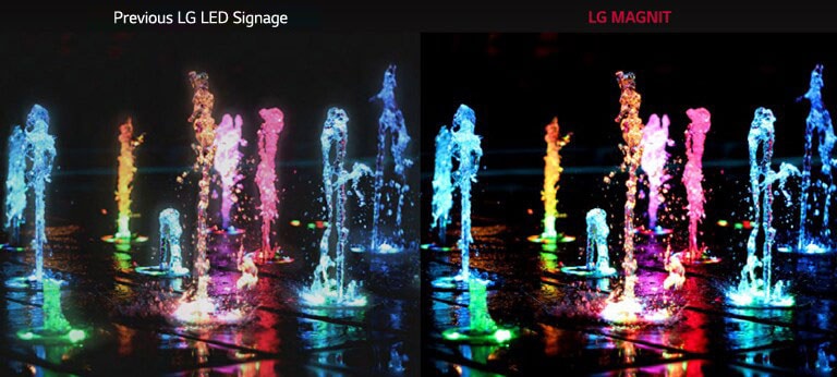 Floor fountain with different colors to show difference between LG Conventional LED Signage and MAGNIT about contrast ratio and distinctiveness