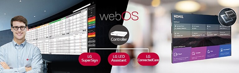 The LG employee is remotely monitoring the LSAC series installed in a different place by using a cloud-based LG monitoring solution. System controller with webOS enables LSAC series to be compatible with LG software solutions.