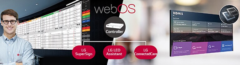 The LG employee is remotely monitoring the LSBC series installed in a different place by using a cloud-based LG monitoring solution. System controller with webOS enables LSBC series to be compatible with LG software solutions.