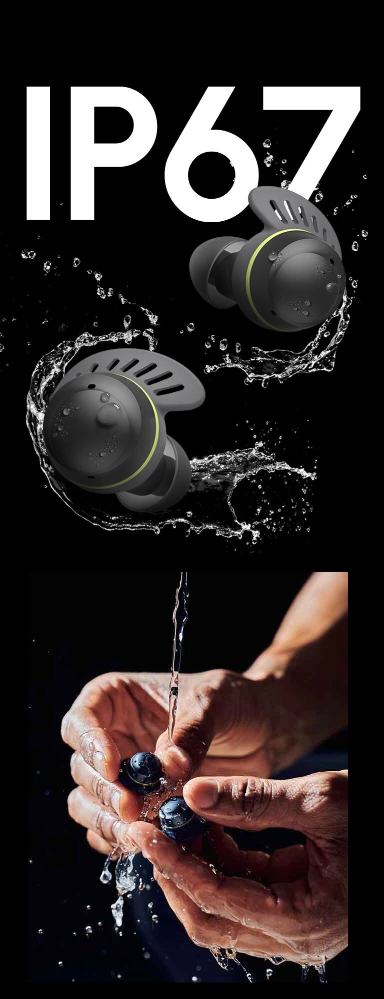 TONE Free fit earbuds in front of text saying IP67. The earbuds are surrounded by water and water droplets.