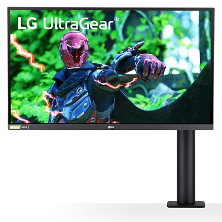 LG 27'' UltraGear QHD Nano IPS 1ms 144Hz HDR G-SYNC Compatibility Monitor with Ergo Stand, front view with the monitor arm on the right, 27GN880-B