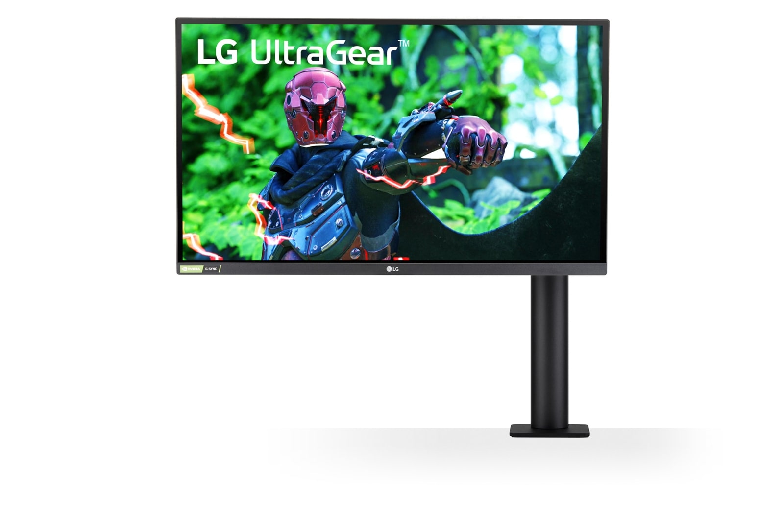 LG 27'' UltraGear QHD Nano IPS 1ms 144Hz HDR G-SYNC Compatibility Monitor with Ergo Stand, front view with the monitor arm on the right, 27GN880-B