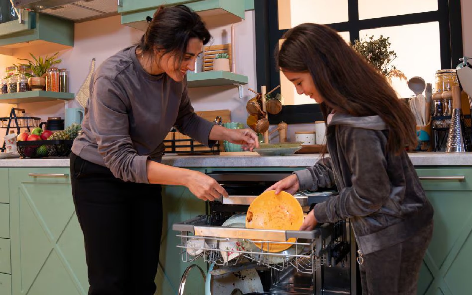 Mother and daughter loading dirty dishes into a dishwasher, showcasing the convenience of modern kitchen appliances in family homes.