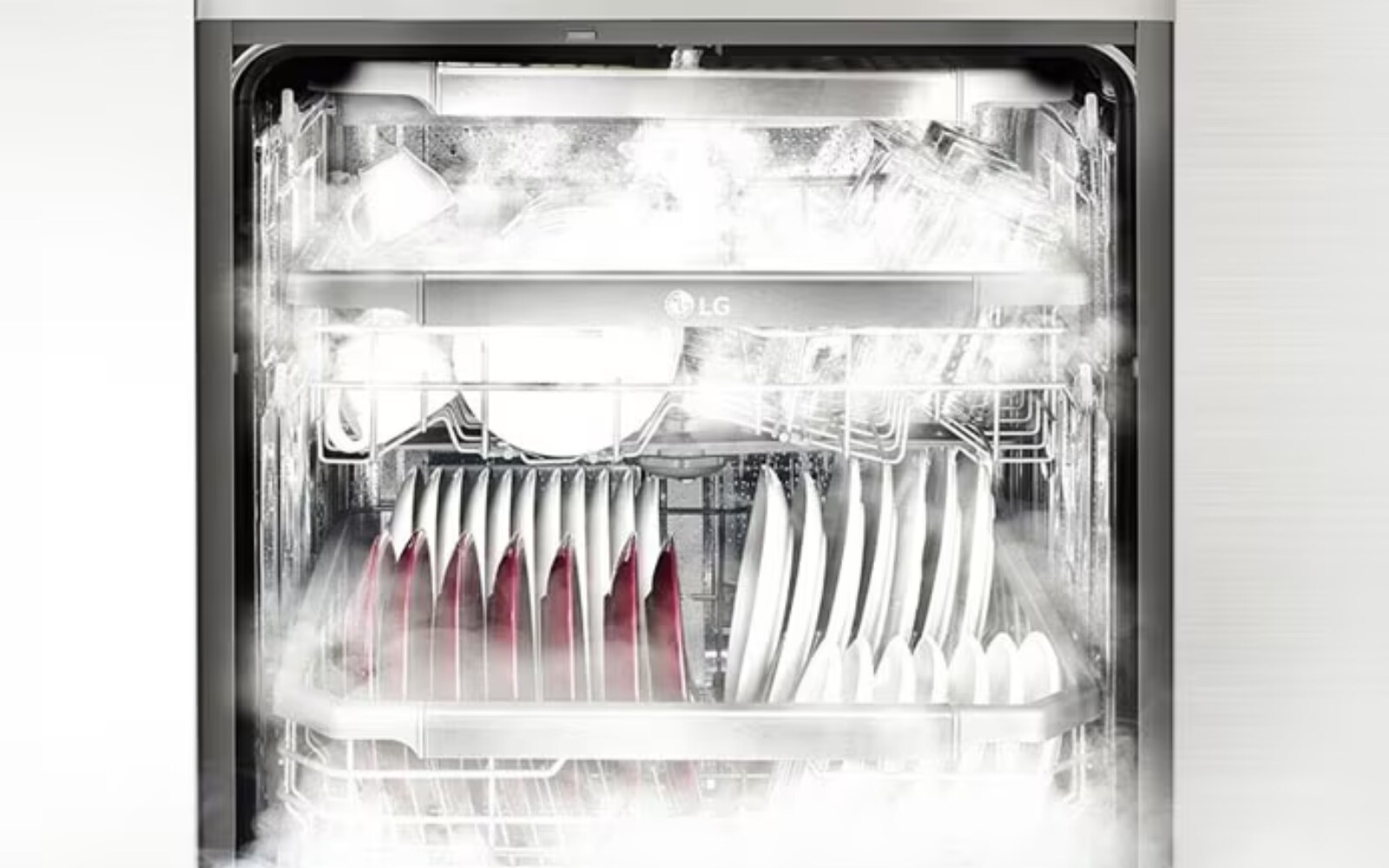 High-tech dishwasher in action, utilising steam cleaning technology to sanitise and thoroughly clean dishes.