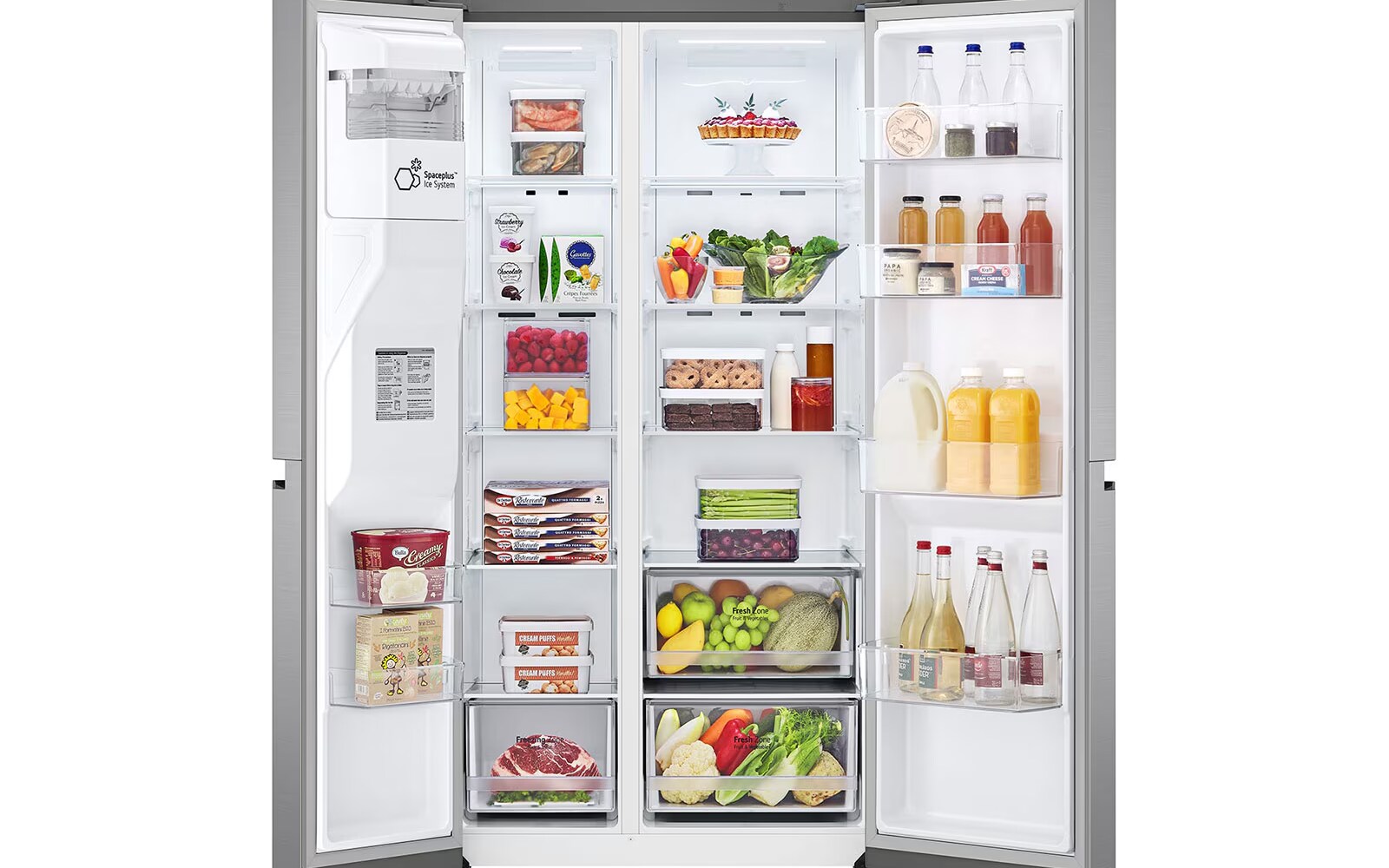 A fully stocked, open stainless steel side-by-side refrigerator filled with fresh fruits, vegetables, drinks, dairy products, and frozen goods. The right door contains beverages, and the interior lighting illuminates the well-organised shelves and bins.