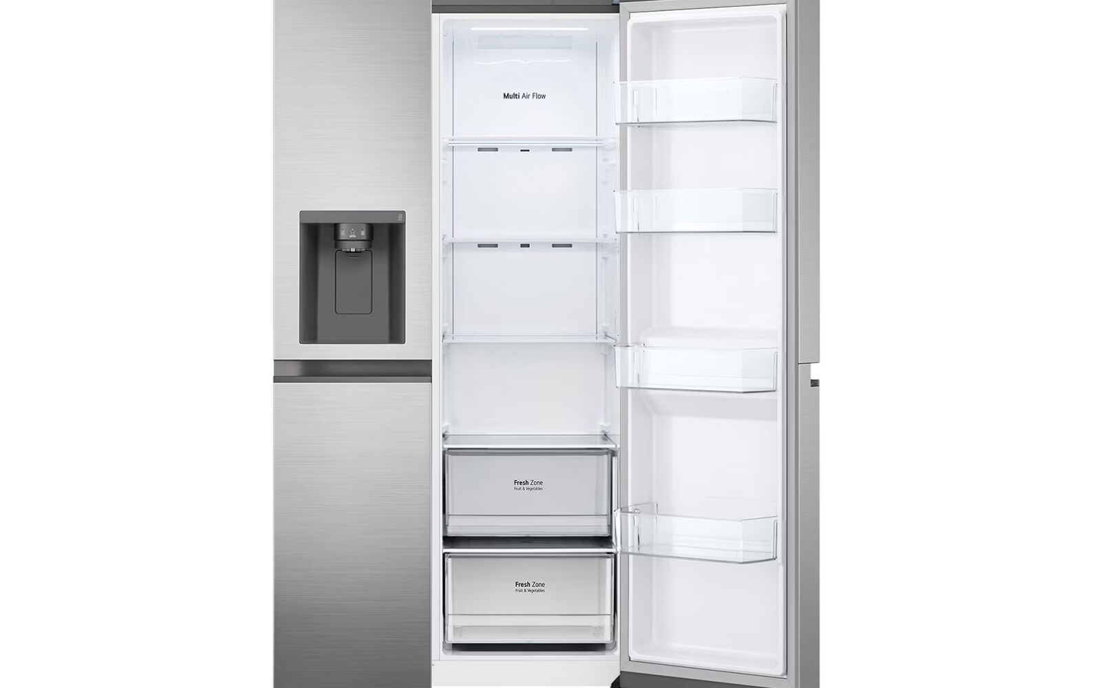 Open stainless steel side-by-side refrigerator with right door revealing transparent shelves, bins, and drawers labelled "Fresh Zone." Left side has an in-door water and ice dispenser. Clean and empty interior.