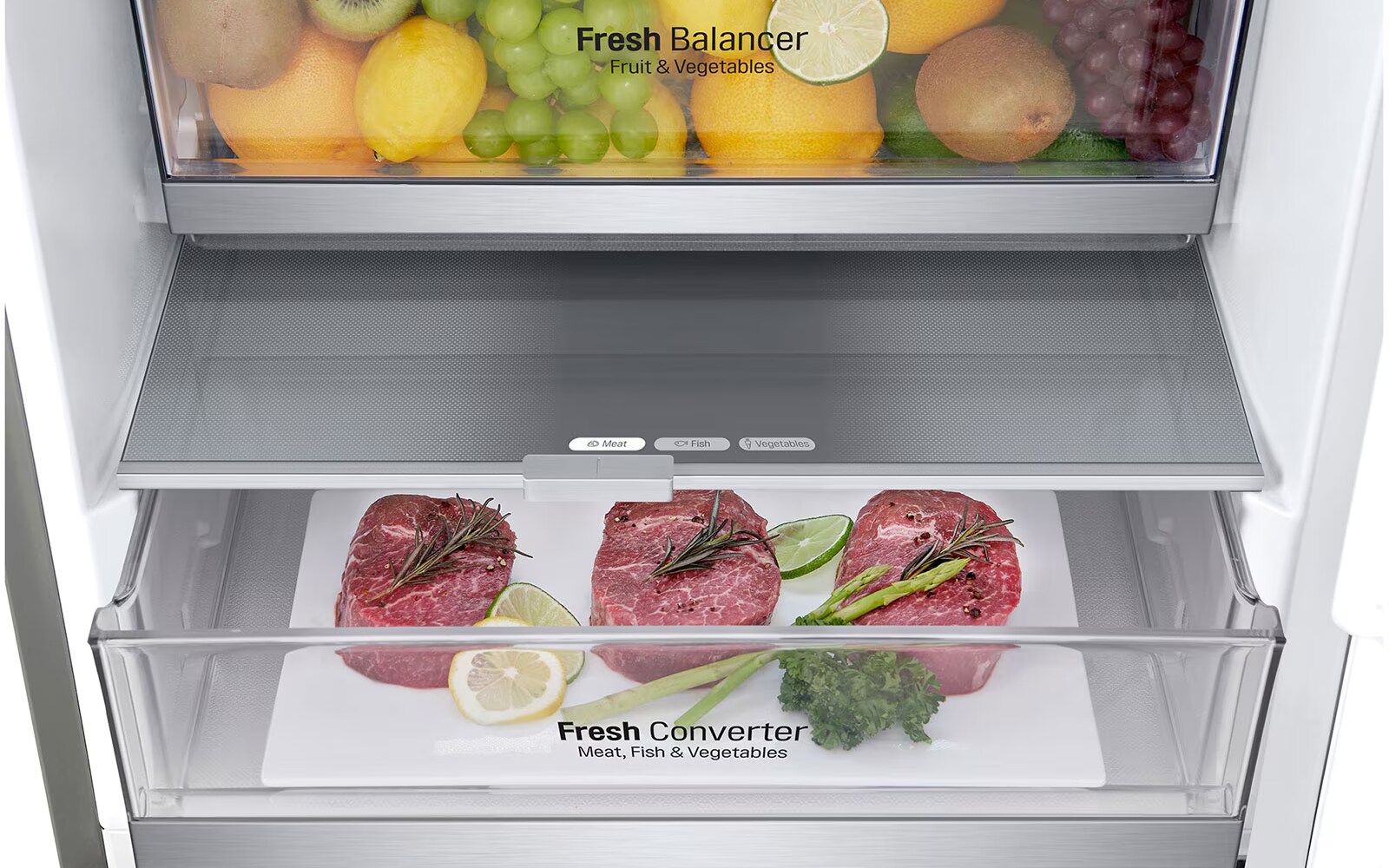 Interior of an LG fridge with two clear drawers. The top drawer is labelled "Fresh Balancer" and filled with various fruits like lemons, grapes, and kiwis. The bottom drawer is labelled "Fresh Converter" contains neatly arranged raw steaks garnished with herbs. The sleek design emphasises organised, fresh storage for various foods.