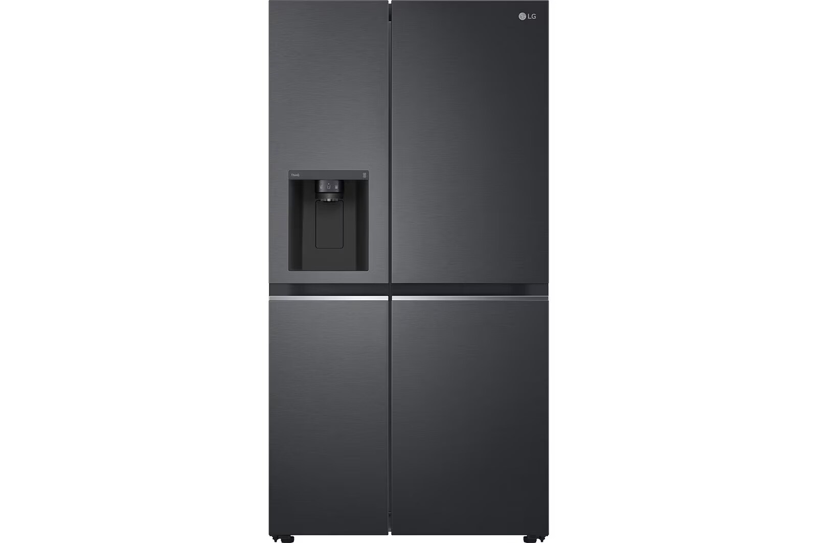 A sleek, matte black LG French Door refrigerator with a modern four-door design. It features a built-in water and ice dispenser on the left door, emphasising both its functionality and stylish, minimalist appearance.