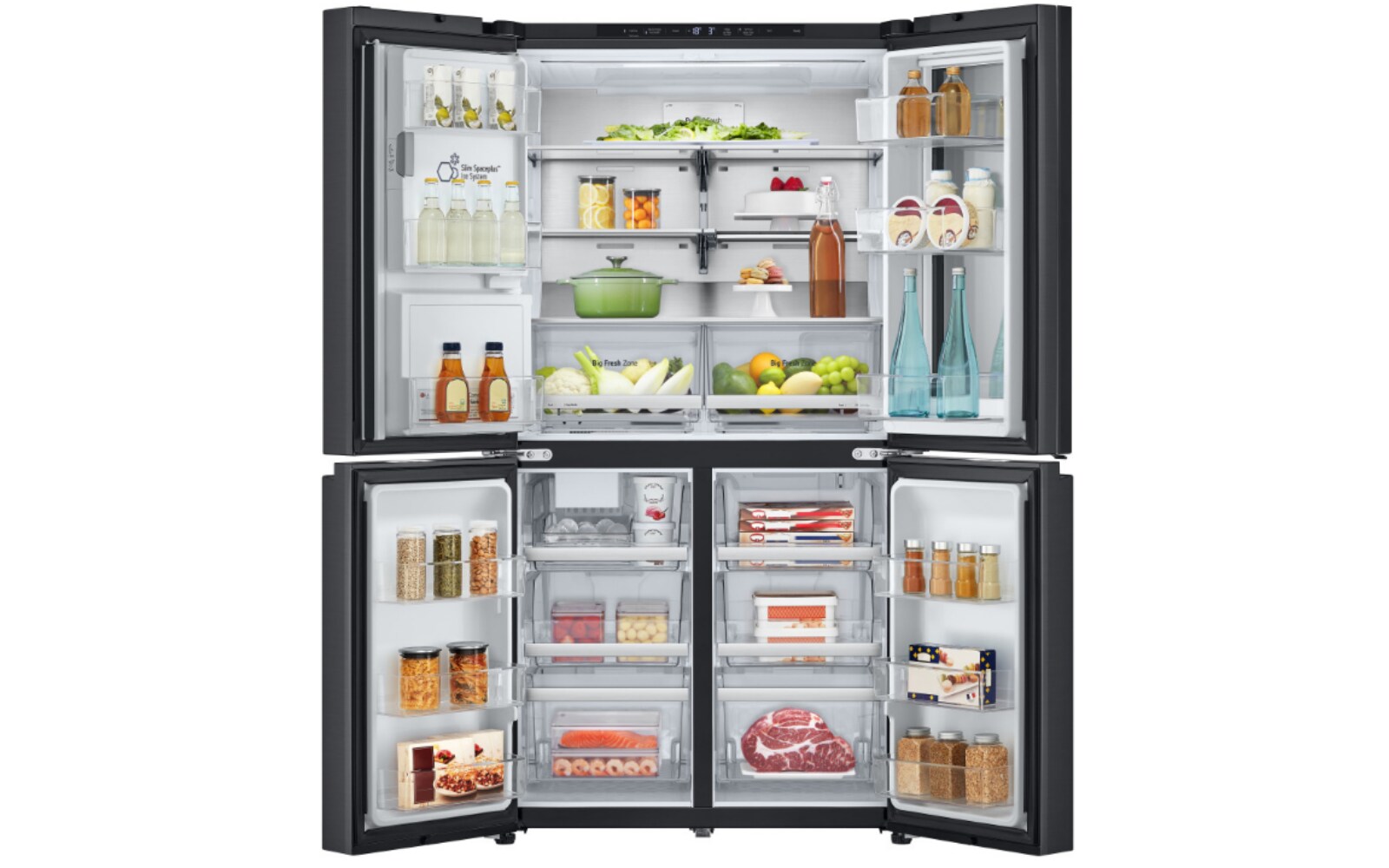 An LG refrigerator with the right door open, revealing the "door-in-door" feature. The compartment is stocked with drinks, condiments, and dairy products for easy access. The refrigerator also includes a built-in water and ice dispenser on the left side, showcasing its sleek, modern design. 