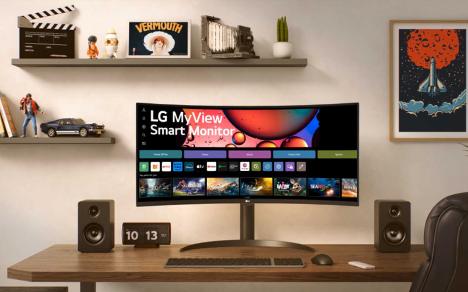 LG Smart Monitor on a modern desk with speakers and a clock. The background includes shelves with decor and wall art, creating a stylish workspace.