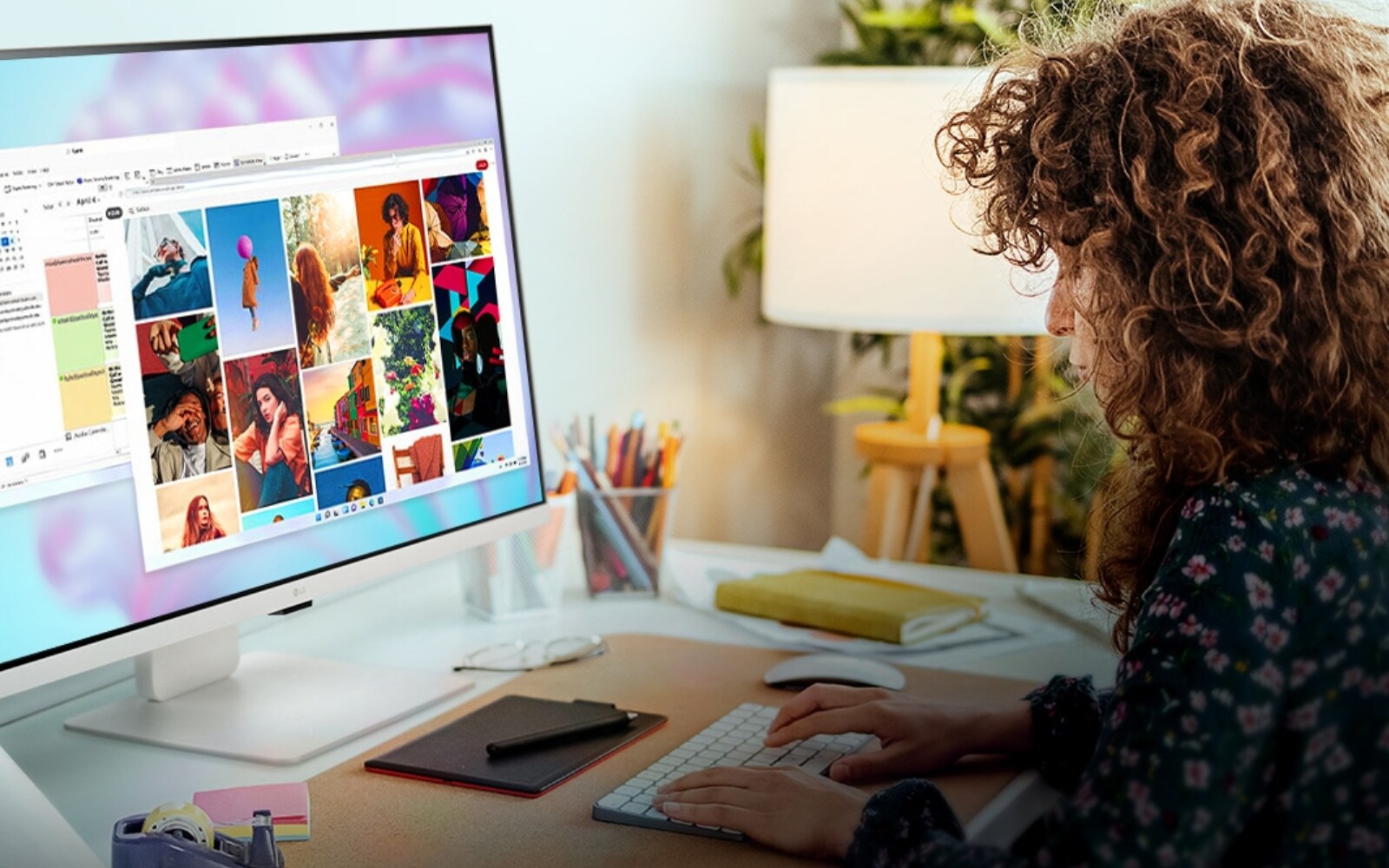  person working at an LG smart monitor, displaying images and documents. The desk setup includes a plant, lamp, and notebooks in a cosy home office environment.