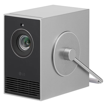 -45 degree Side view of the LG CineBeam Q (HU710PB), small 4K UHD projector