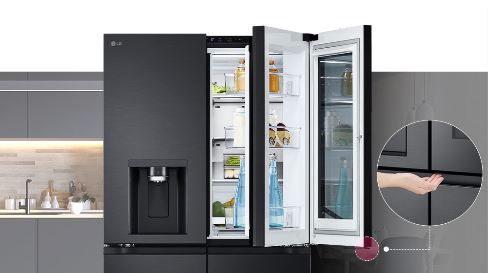 The front view of a Black Glass InstaView refrigerator. The door-in-door of the refrigerator is open. There's a detail image that explains where a concealed button is to open the door.