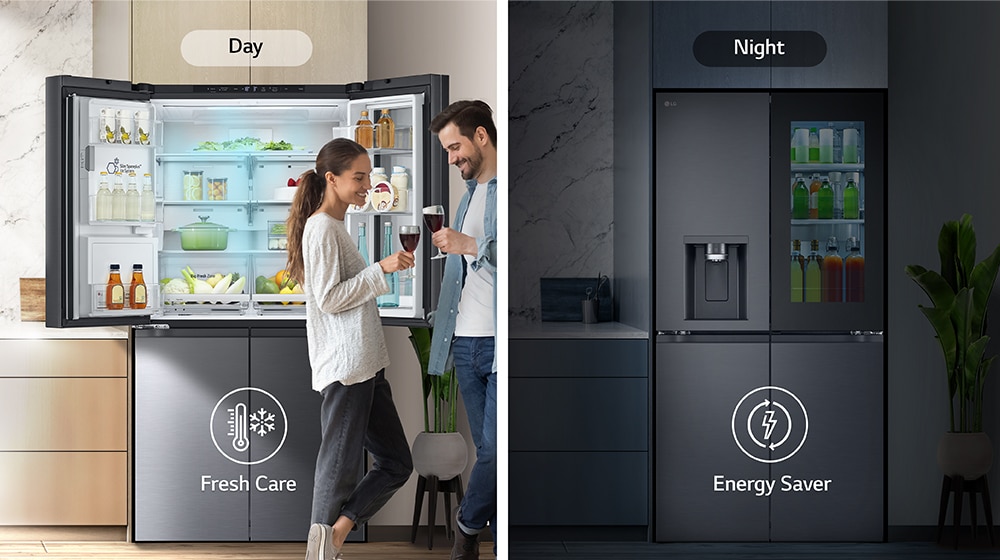 The image on the left shows a couple holding glasses during the day in front of an open refrigerator. Only one side of the refrigerator is open, and blue cold air is flowing out of the refrigerator. The thermometer icon, which means cold air, is located below the image. The image on the right shows the refrigerator in the kitchen on a dark night. Below the image is an electric icon, which means energy saving.