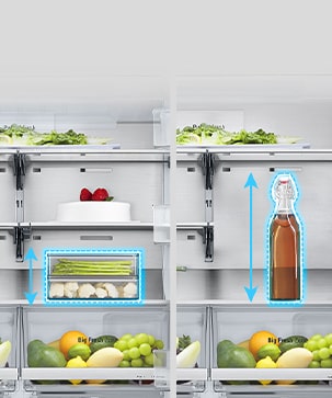 On the left, a shelf was spread out inside the refrigerator and a low food container was placed, and on the right, the shelf was folded in the same position and a high bottle was placed.