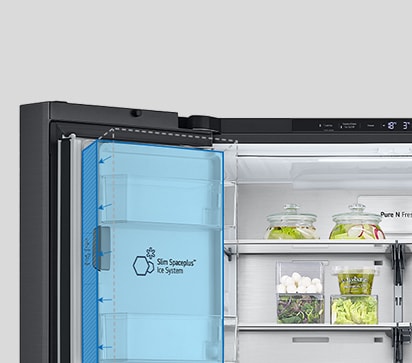 Inside the refrigerator, a slim indoor ice maker is highlighted in blue and the refrigerator is full of ingredients