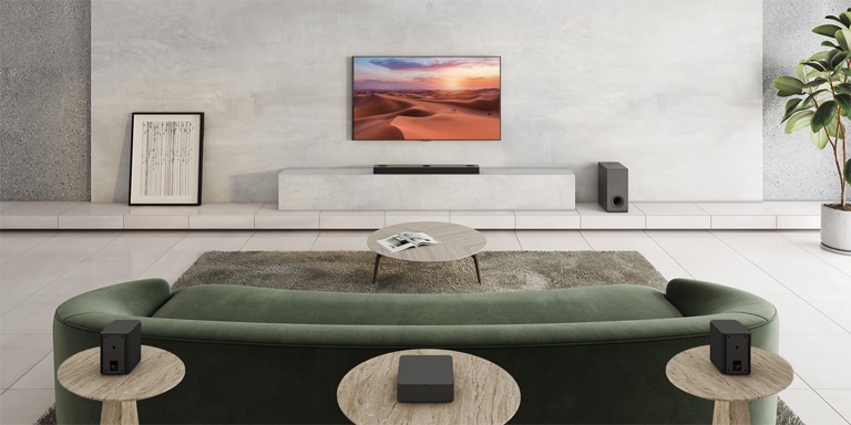 There is TV showing a nature image. A sound bar, a subwoofer, and 2 rear speakers in a wide living room. A wave with grid is coming out from sound bar, measuring the entire space of living room.