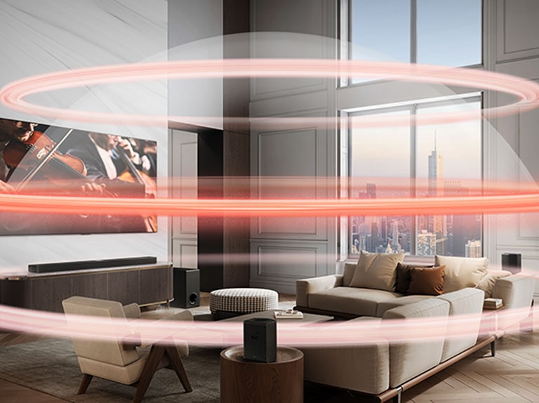 A video shows an LG TV and LG Soundbar in a grand city apartment. Three red bands appear depicting virtual layers, and come together to create a sound dome.