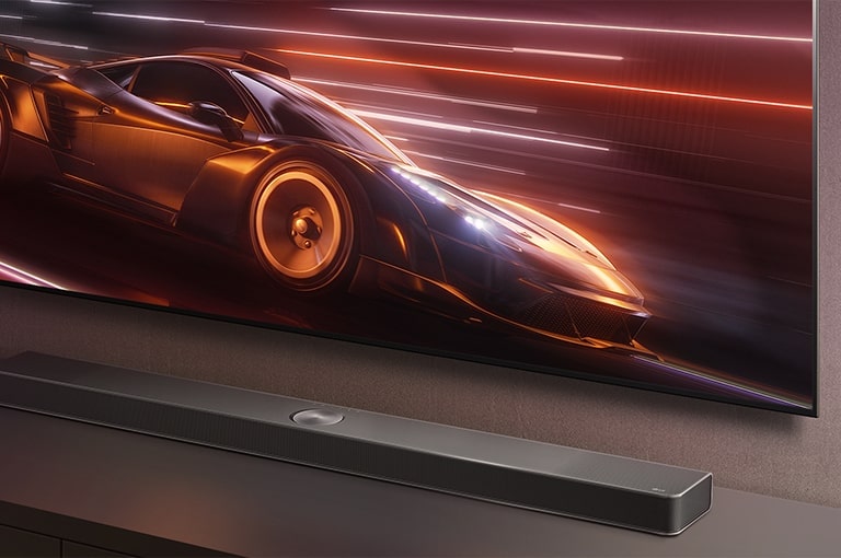LG Soundbar and LG TV are shown together. A racing car game is displayed on screen.