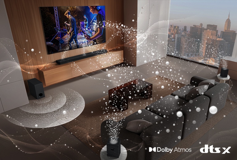 An image of an LG TV and LG Soundbar in a living room playing a musical performance. White soundwaves made up of droplets project from the soundbar, looping around the sofa and living space to depict surround sound. Dolby Atmos logo DTS X logo