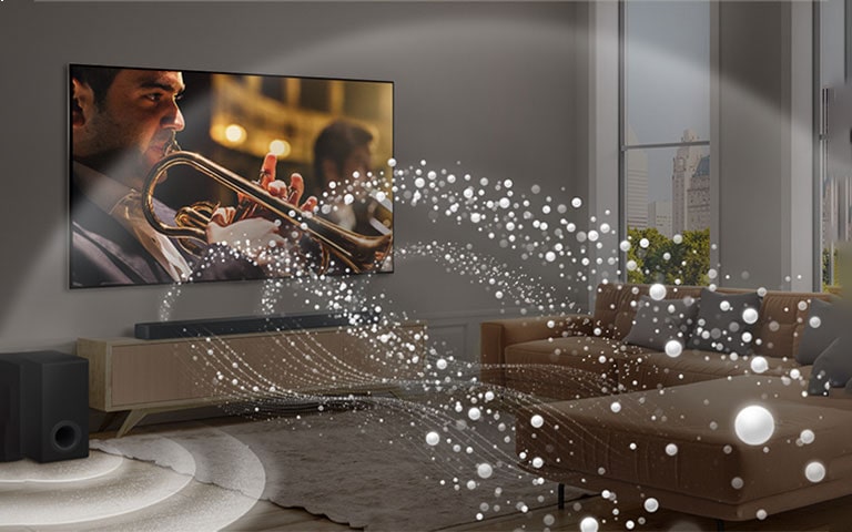 LG Soundbar, LG TV and a subwoofer are in a living room of a skyscraper, playing a musical performance. White soundwaves made up of droplets project from the soundbar, looping around the sofa. A subwoofer is creating a sound effect from the bottom. Dolby Atmos logo DTS X logo
