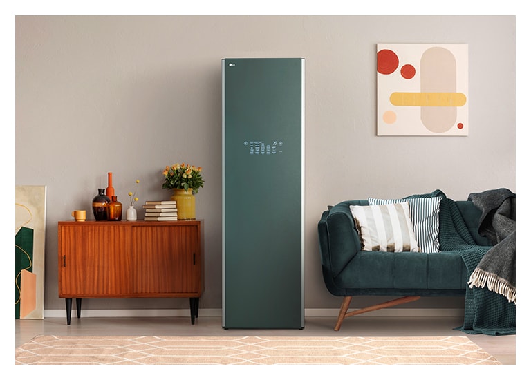 It shows mist green color Styler placed in the dressing room that matches naturally to the furniture around.