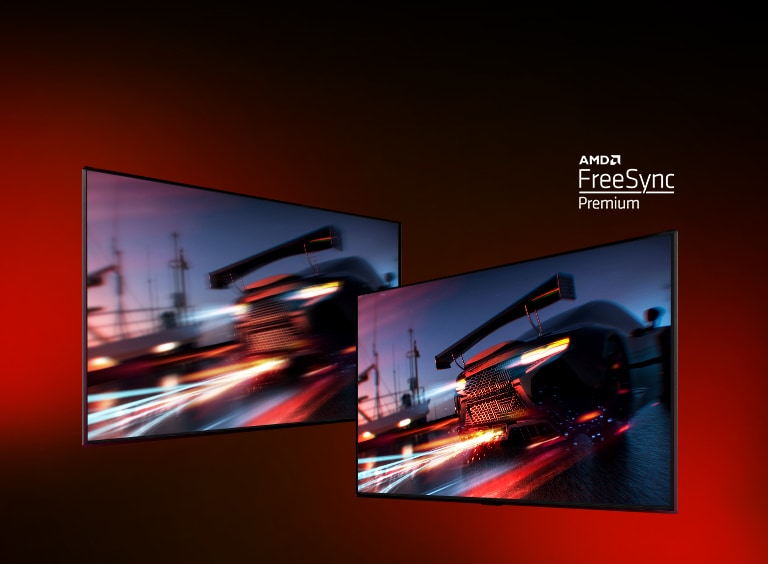 There are two TVs – on the left shows a FORTNITE game scene with a racing car. On the right also shows the same game scene but in a brighter and clearer picture display. On right top corner shows AMD FreeSync premium logo.