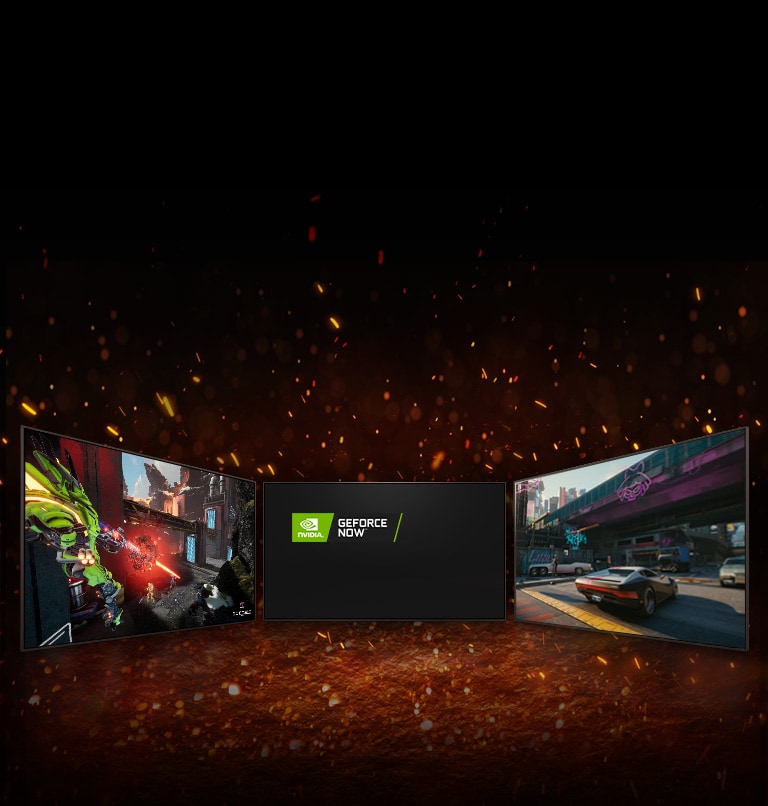 There are three TVs displayed. In the middle, the screen shows two logos placed in diagonal – logo of NVIDIA GeFORCE NOW and logo of STADIA. On left TV shows Splitgate and on right TV shows Cyberpunk 2077.