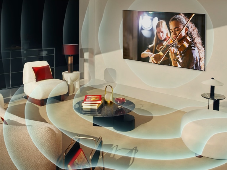 An image of an LG TV mounted on a wall in a living room with a guitar player shown on the screen. Concentric circle graphics representing sound waves.